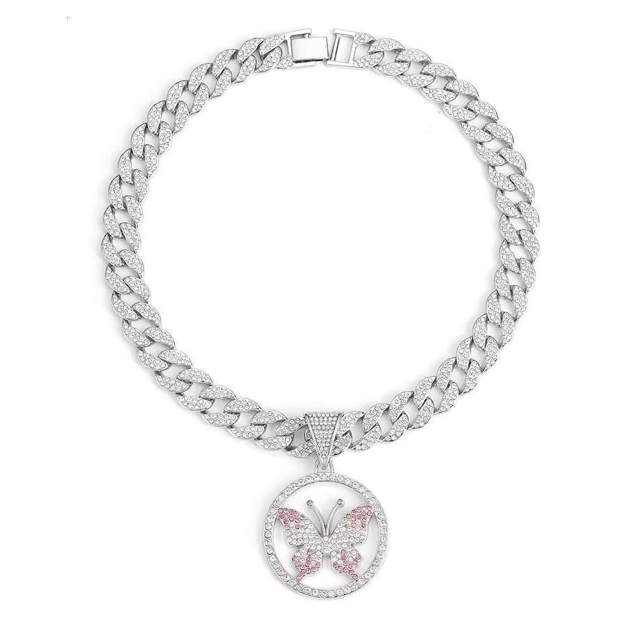 DHcollection Pink Butterfly Pendant Hip Hop Alloy Charm 15mm Cuban Chain Sier Plated Necklace