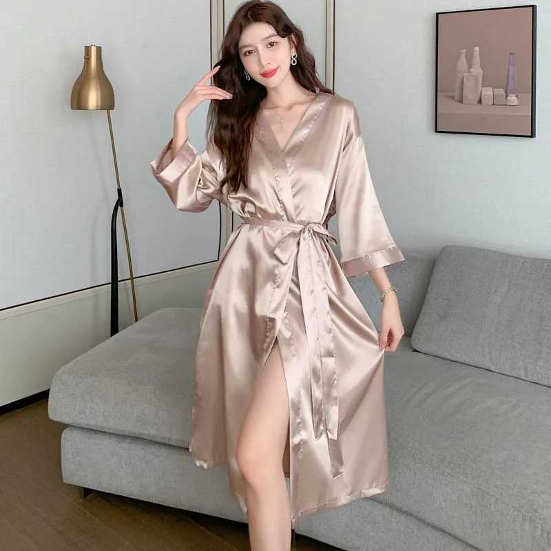 Satin Kimono Robe Long Sleeve Casual Home Clothing Intimate Lingerie Women Champagne Sleepwear Bathrobe Gown Nightwear C251115