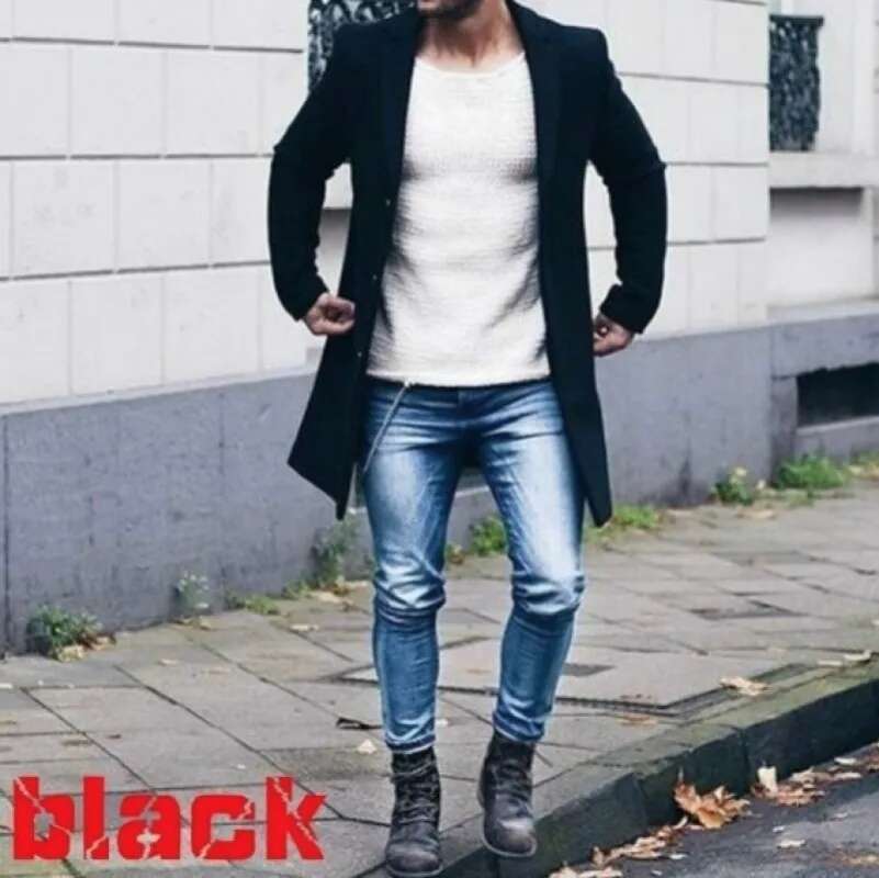 2023 Autumn/Winter New Solid Color Men's Mid Length Woolen Coat Slim Fit Large Single Breasted Windbreaker