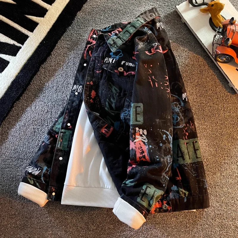 Hip Pop Leter Graffiti Denim Jacket Mens Fashion Spring Punk Wear Korean Kpop Trend Slim Top Unisex Handsome Casual Jeans Coat 250409