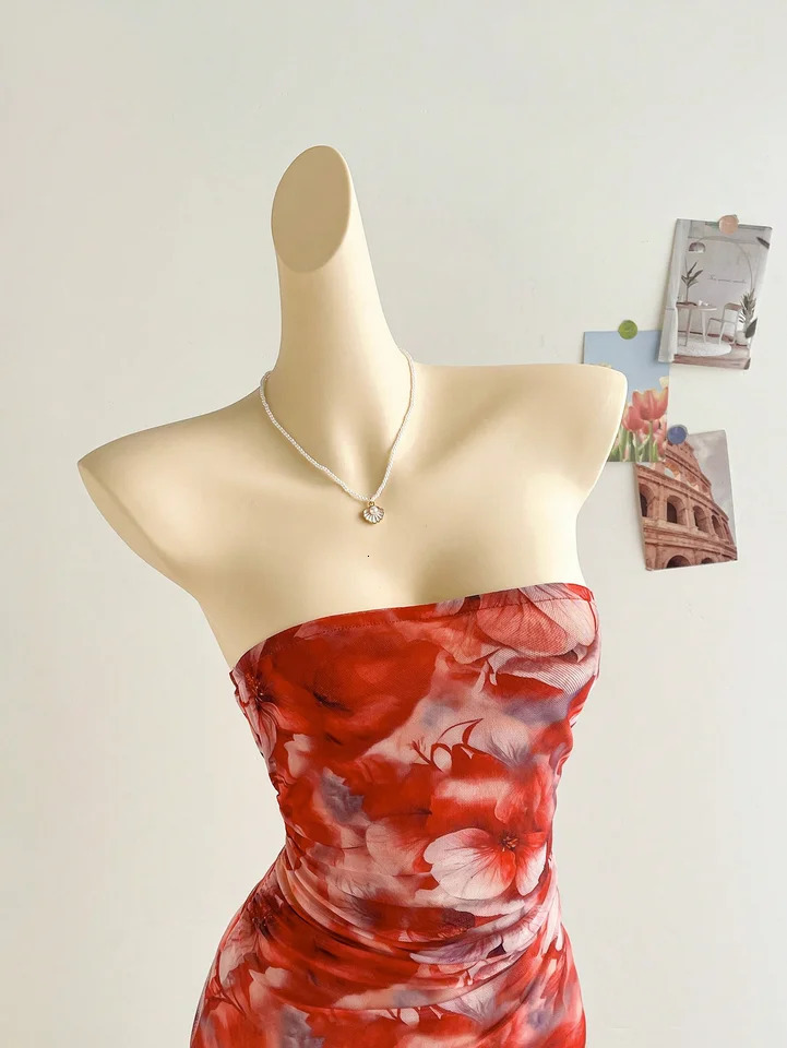 spring/summer ladies sexy strapless backless hemline irregular mini dress 250415