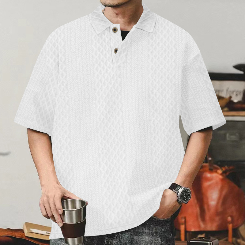2025 short sleeved polo shirt men's summer knitted jacquard texture oversized loose lapel niche t-shirt