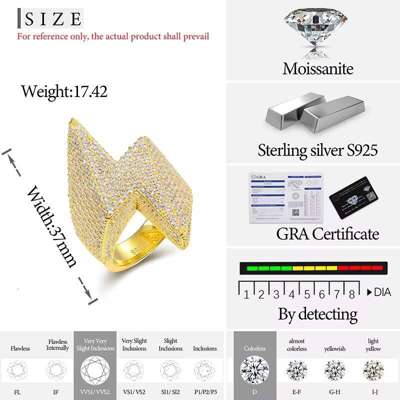 Classic S925 Lightning Unisex Moissanite Hip Hop Ring for Men Pave Setting with Natural Stone for Wedding and Party