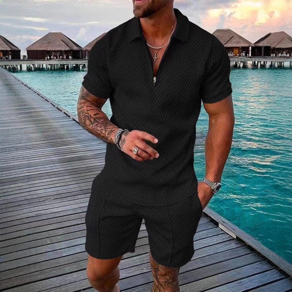 Summer fashion printed mens polo shirt set with collar and short sleeved casual two-piece set