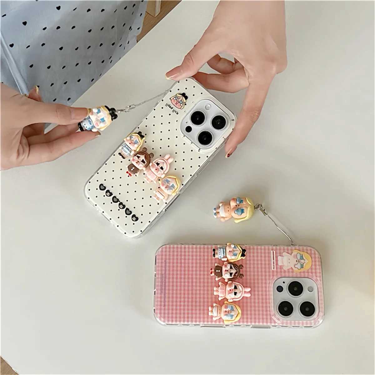 Korean Pink Plaid Pattern Cute Phone Case For iPhone 16 Pro 14 15 Pro Max Cover with Pendant Kawaii Protective Cases J251202