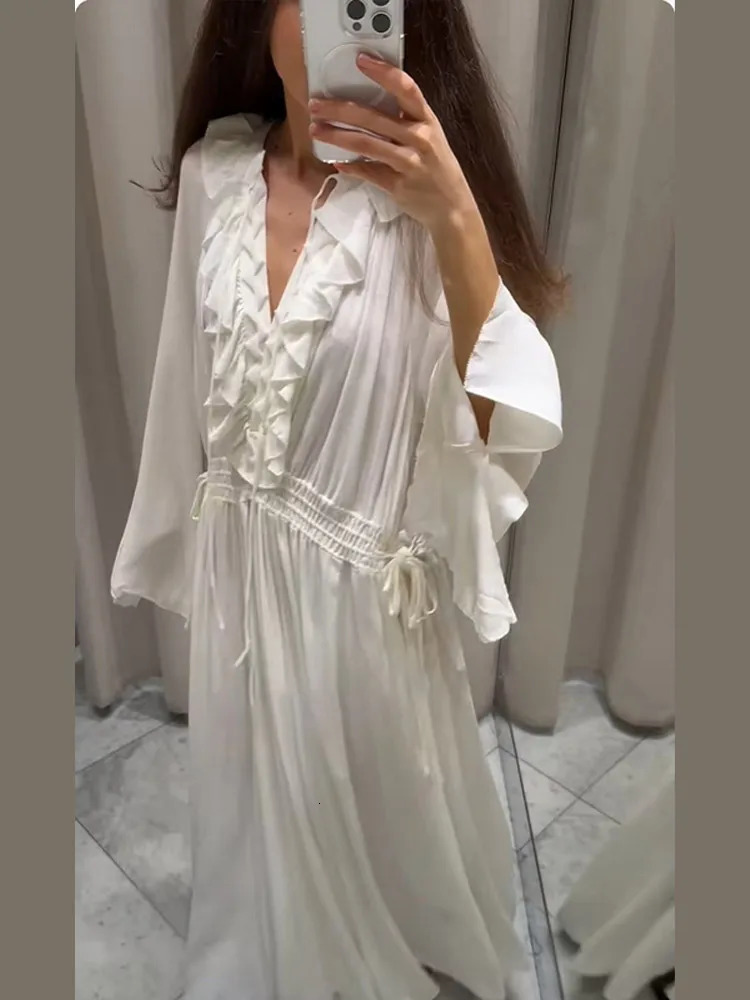 Elegant white loose Guaze long dress womens casual V-neck Flare full sleeve long dress womens street office dress 250415