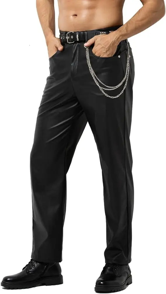 Arjen Kroos faux leather disco mens long leg casual mens pants 250410