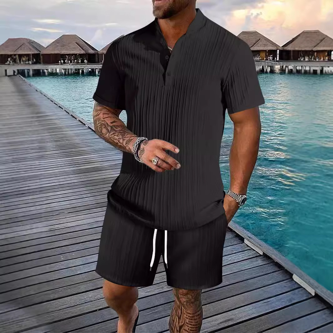 Summer fashion short sleeved casual mens set beach wear stand up collar shirt shorts 2-piece set