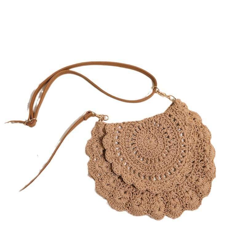 Handmade Beach Bag Lace Crossbody Cotton Thread Hollowed Out One Shoulder Grass Woven Vacation Style Beach Bag, Versatile Women's Bag Kq2