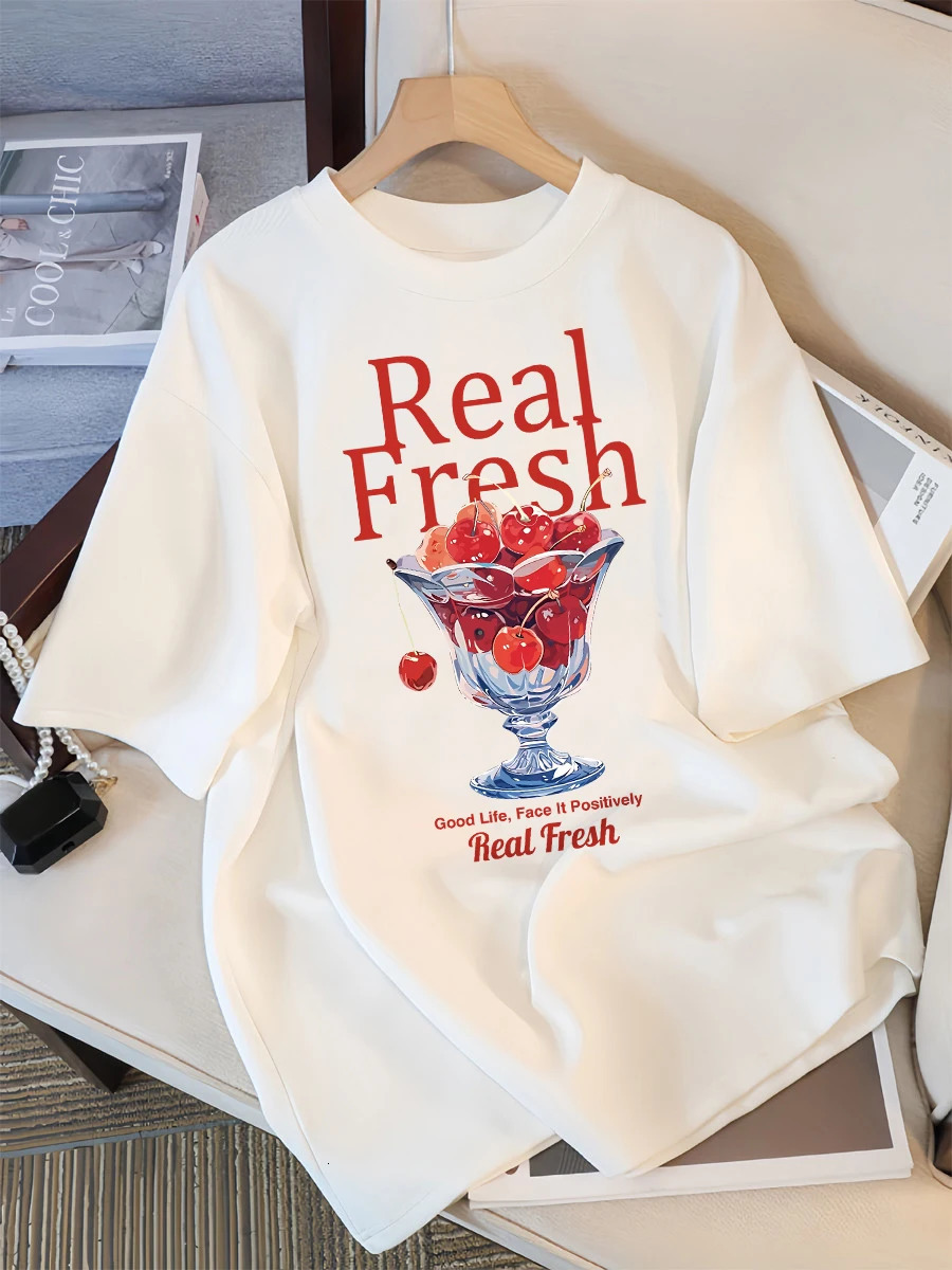 Real Fresh Cherry Fruit Cup Tee Shirts Female Comfortable Cotton T Shirt Fashion Casual Clothes Soft Street Short Sleeve 250415