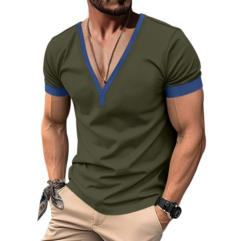 2025 American style spring and summer short sleeved Henry shirt men's V-neck contrasting color top casual slim fit T-shirt