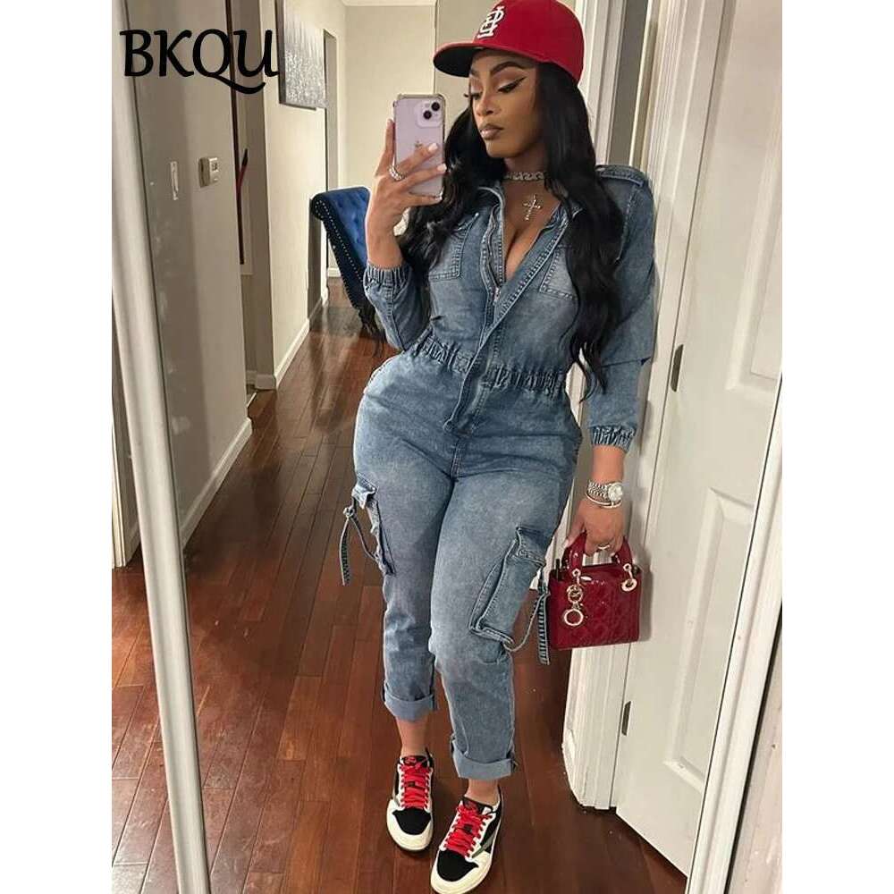Designer Clothes BKQU Denim Cargo Jumpsuit Women Pockets Patchwork Fashion Lapel Zipper Jean Stretch Overalls Playsuit Fall Winter Y2k Streetwear