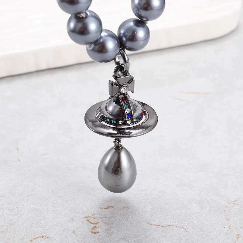 Empress Dowager Xi's Single Layer Gray Pearl Necklace With Three Dimensional Saturn UFO Water Droplet Pendant, Light And Clavicle Chain For Women
