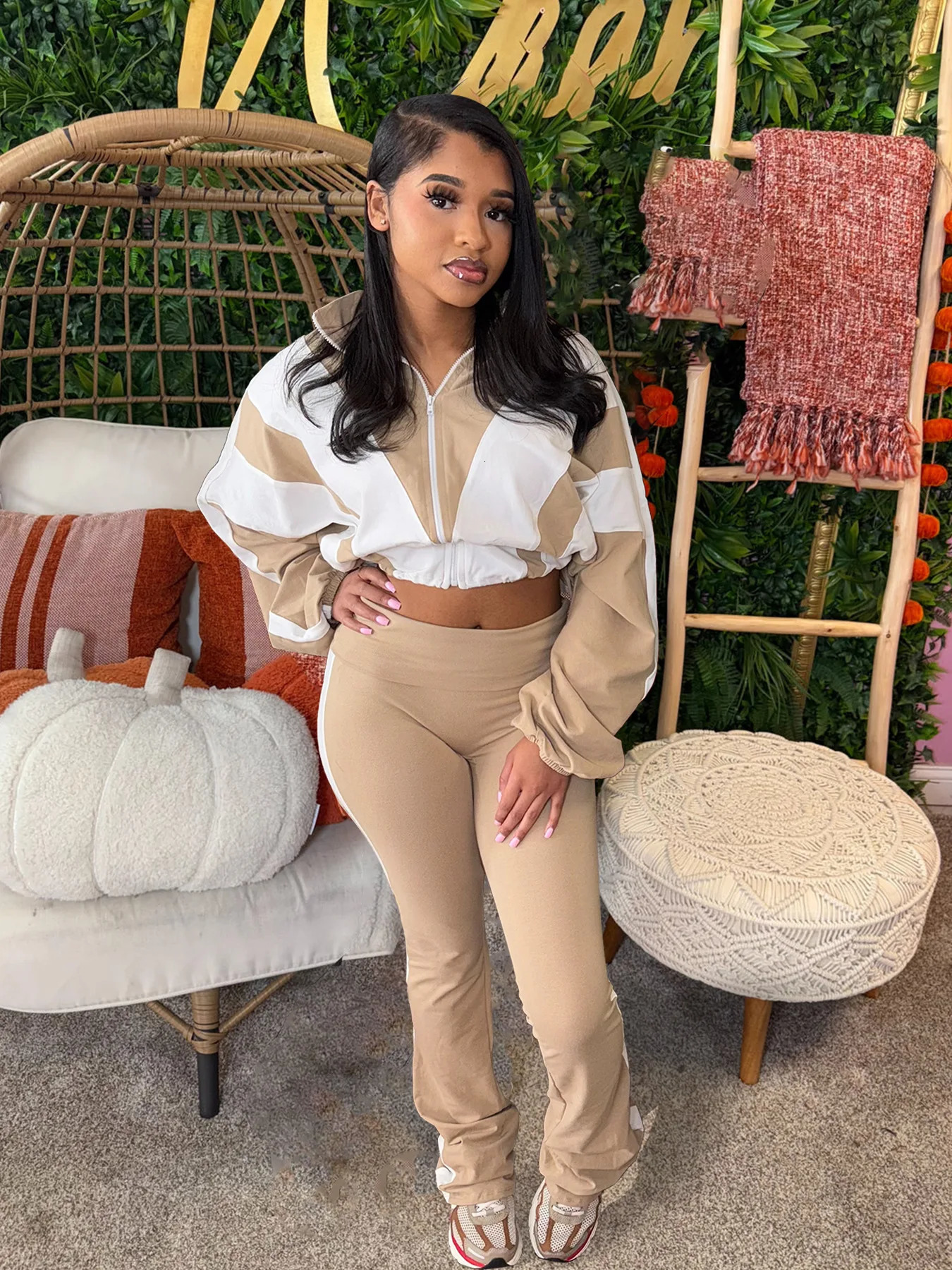 CM.YAYA Active Patchwork Womens Set Zipper Sweatshirt Jacket and Long Pants Suit 2025 Sporty Two 2 Piece Sets Outfit Tracksuit 250410