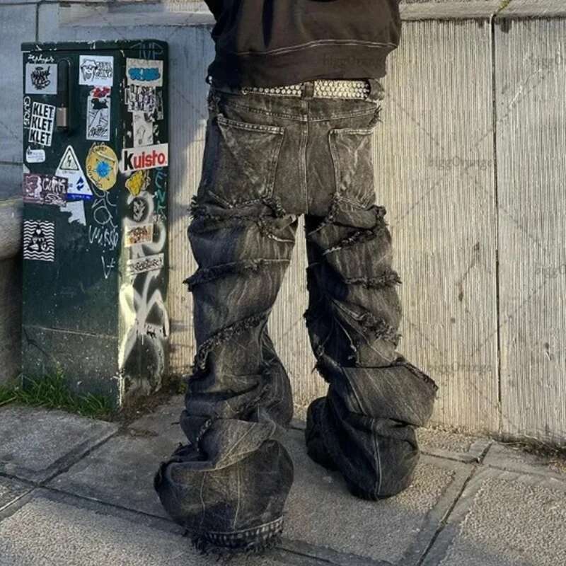 American Destructive Spider Web Design Jeans Men's Streetwear Hip-Hop Rough Edge Loose Denim Wide Leg Pants Chic 28W4657