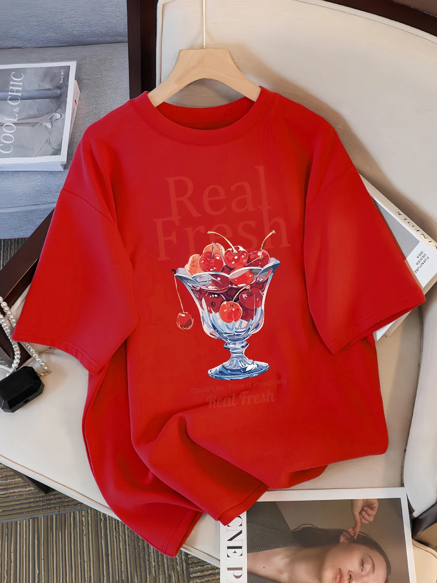 Real Fresh Cherry Fruit Cup Tee Shirts Female Comfortable Cotton T Shirt Fashion Casual Clothes Soft Street Short Sleeve 250415