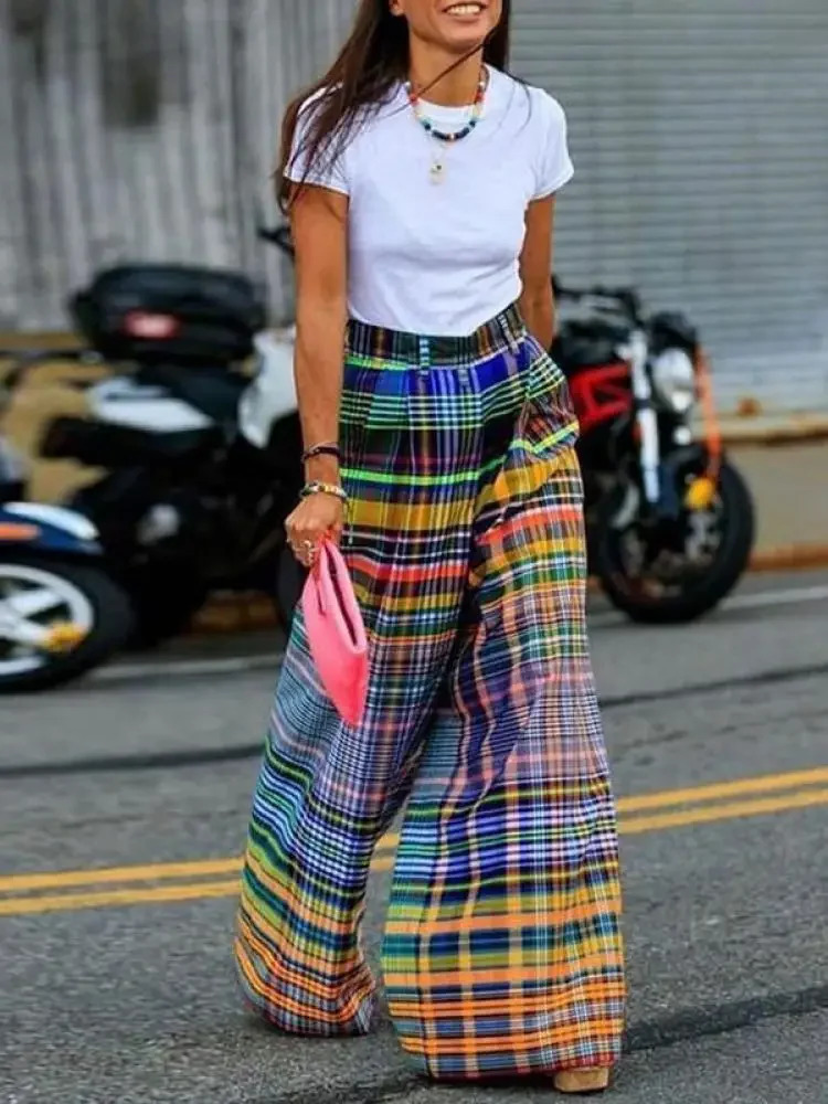 Missuoo 2024 Female Vintage Multi-colored Plaid Pants Spring and Summer Loose Casual Floor-length Wide Leg Pants for Women250414
