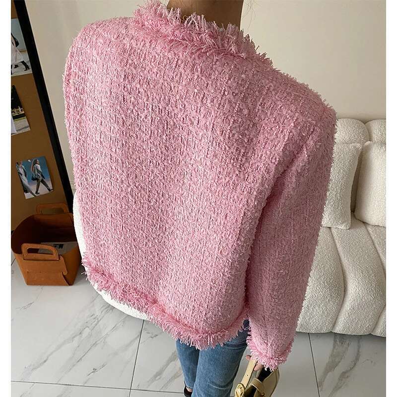 Designer Clothes Spring Autumn Long Sleeve Pink Tweed Jacket Women 2025 New Trend Tassel Raw Edge Design Elegant Cropped Wool Blend Coat