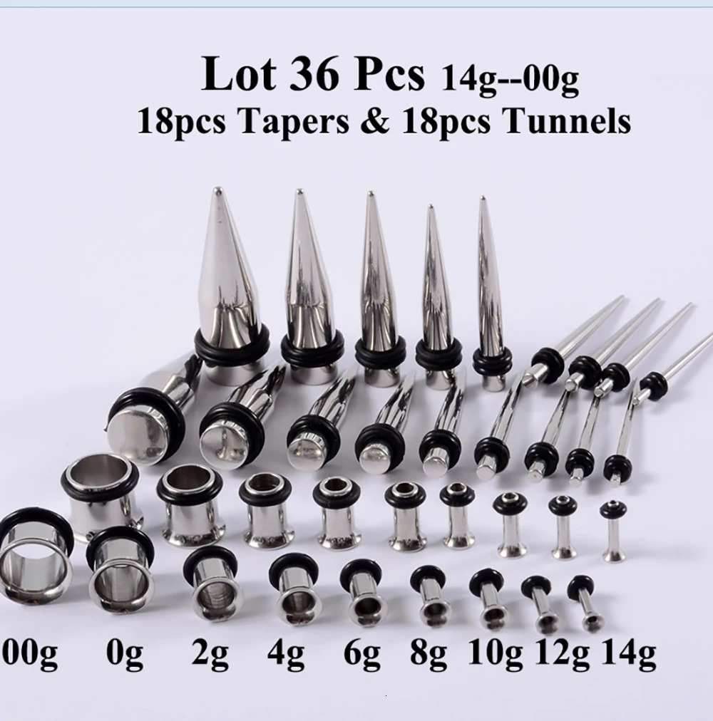 36PCS/Set Ear Gauges Stretching Kit 14-00G Stainless Steel Single Flare Ear Plugs Tunnels Flesh Tapers Stretcher Taper Set 250408