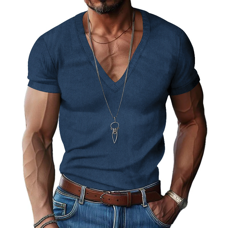 Men's corduroy short sleeved summer V-neck solid color slim fit casual T-shirt men's top