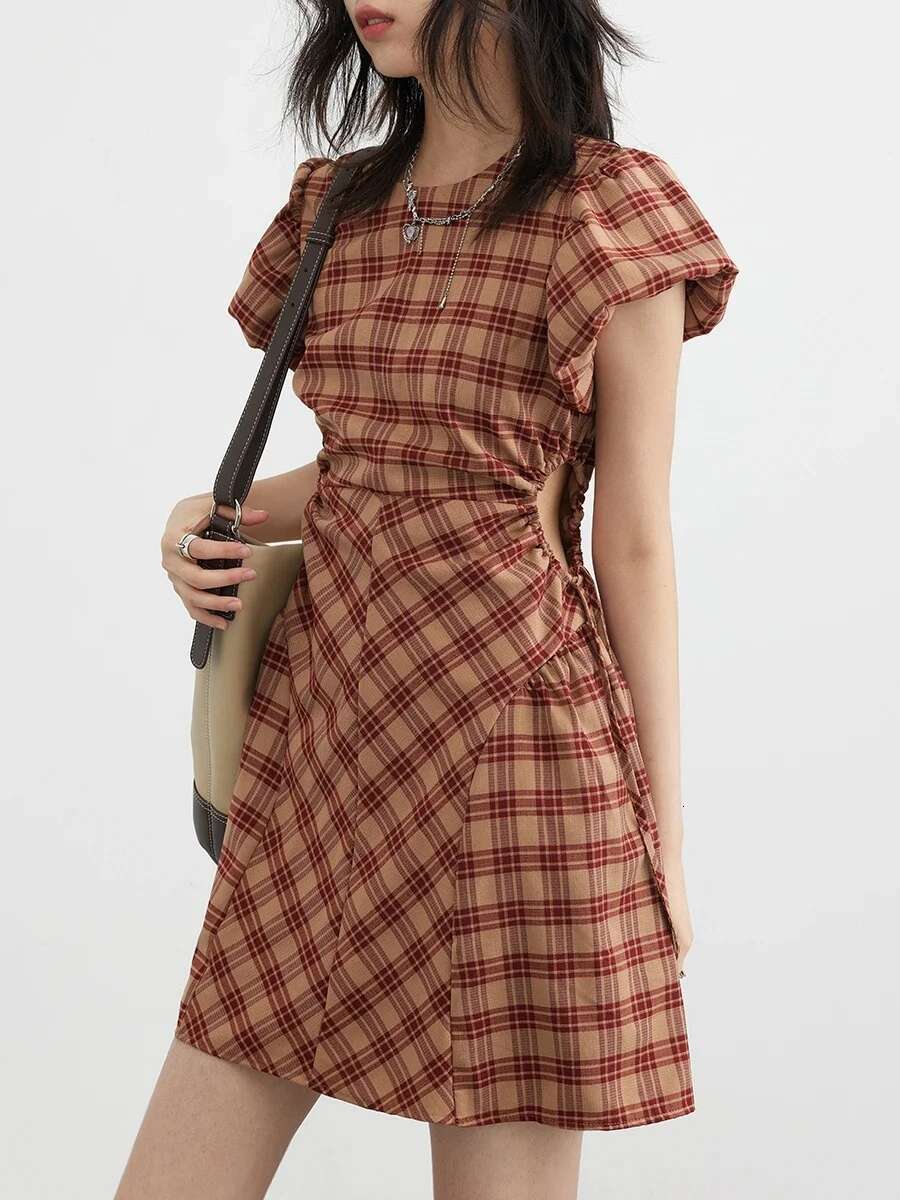 CHIC VEN Korean Style Women Dresses A-E Retro High Waisted Design Plaid Bubble Sleeve Girl Dress Drawstring Woman 2023 Trend