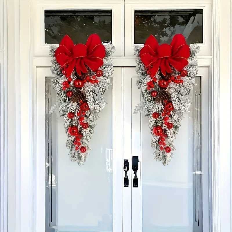 45/60cm Christmas Tree With Red Bow Christmas Ball For Front Door Window Flocking Wreath Xmas Ornaments Christmas DecorationsM251115