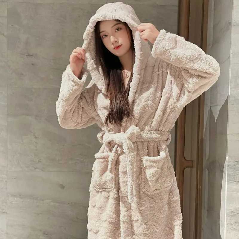 Belt Robe for Women Sleepwear Winter Nightdress Night Wear Warm Fleece Pajama Hooded One Piece Nightgown Solid Sleeping Homewear C251115
