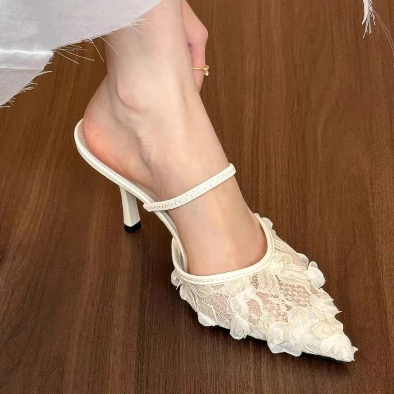 Flower high-heeled womens slider elegant pointtoe sandals Fad summer slider pump shoes dress fine high-heeled shoes women Zapatos 250411