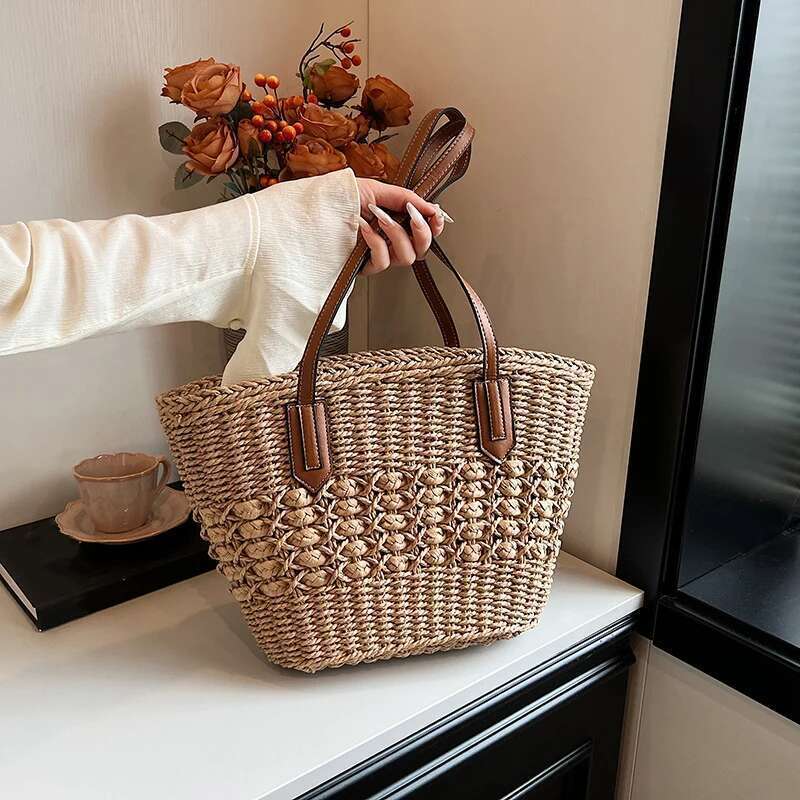 Handmade Beach Bag Handmade Beach Bag Summer For Women Straw Shoulder Bags Rattan Woven Top Handle Hollow Raffia Crochet Beach Bag Casual Handbags Kq1