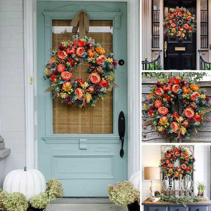 40cm Fall Peony and Pumpkin Wreath Simulation Garland for Front Door Farmhouse Decor Festival Celebration Thanksgiving WreathM251115