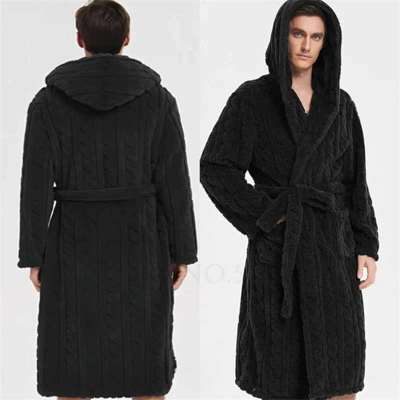 Warm Sleepwear Thicken Jacquard Flannel Men Robe Plush Coral Fleece Hooded Bathrobe Gown Winter Lounge Wear Home Wear Nightwear C251115
