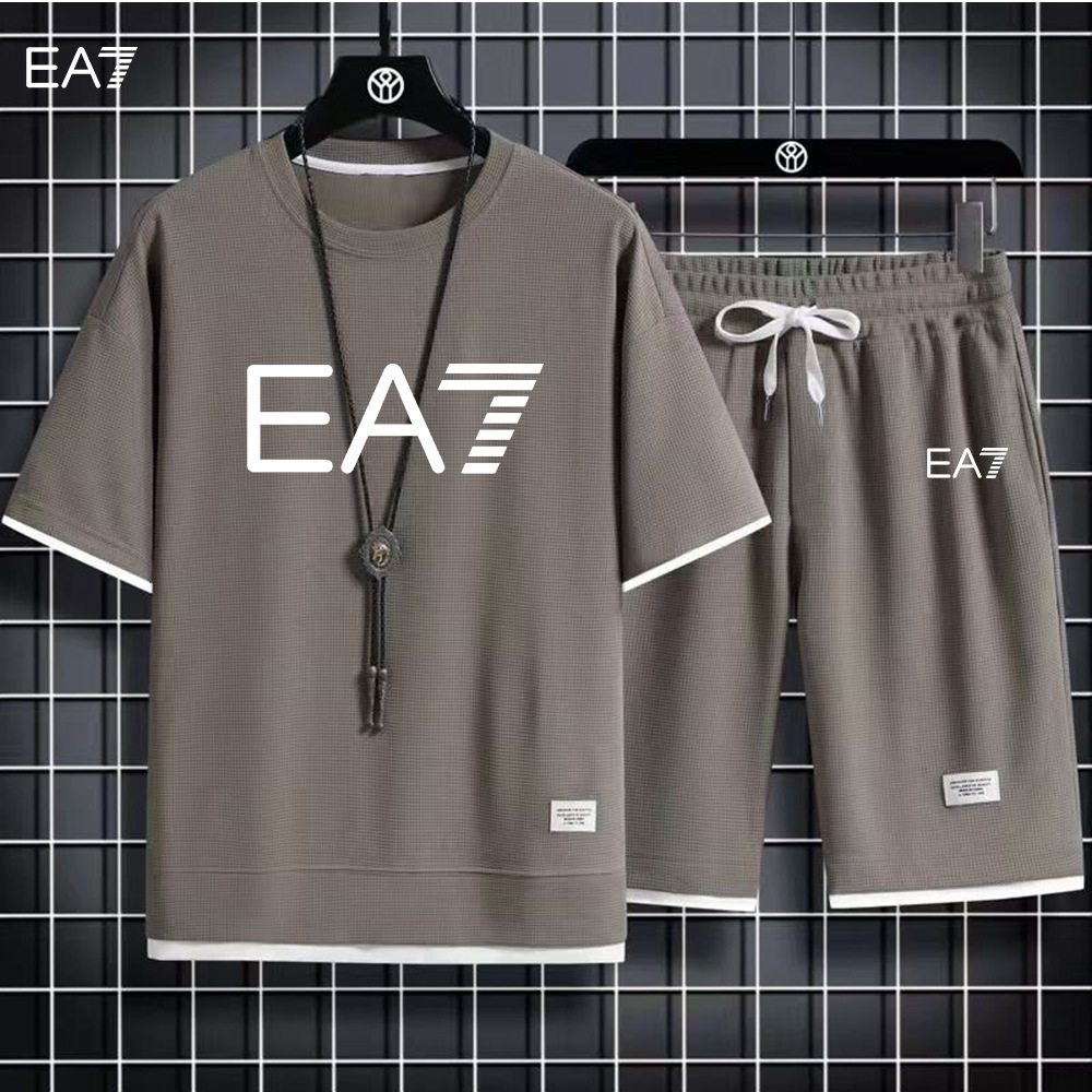 Summer new waffle style mens short sleeved suit mens Korean version youth handsome short sleeved shorts casual two-piece set trendy