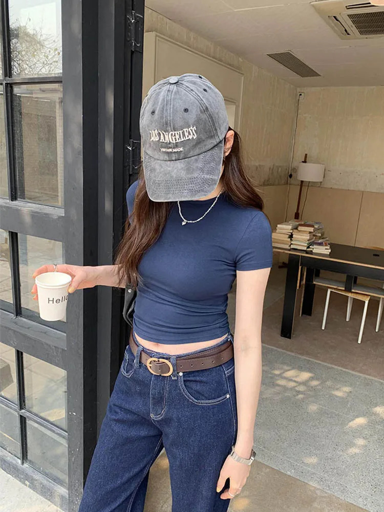 Basic Solid Crop Top Short Sleeve Crewneck Skinny T-shirt Summer Casual Tee for Women y2k Vintage Top Harajuku Streetwear 250415