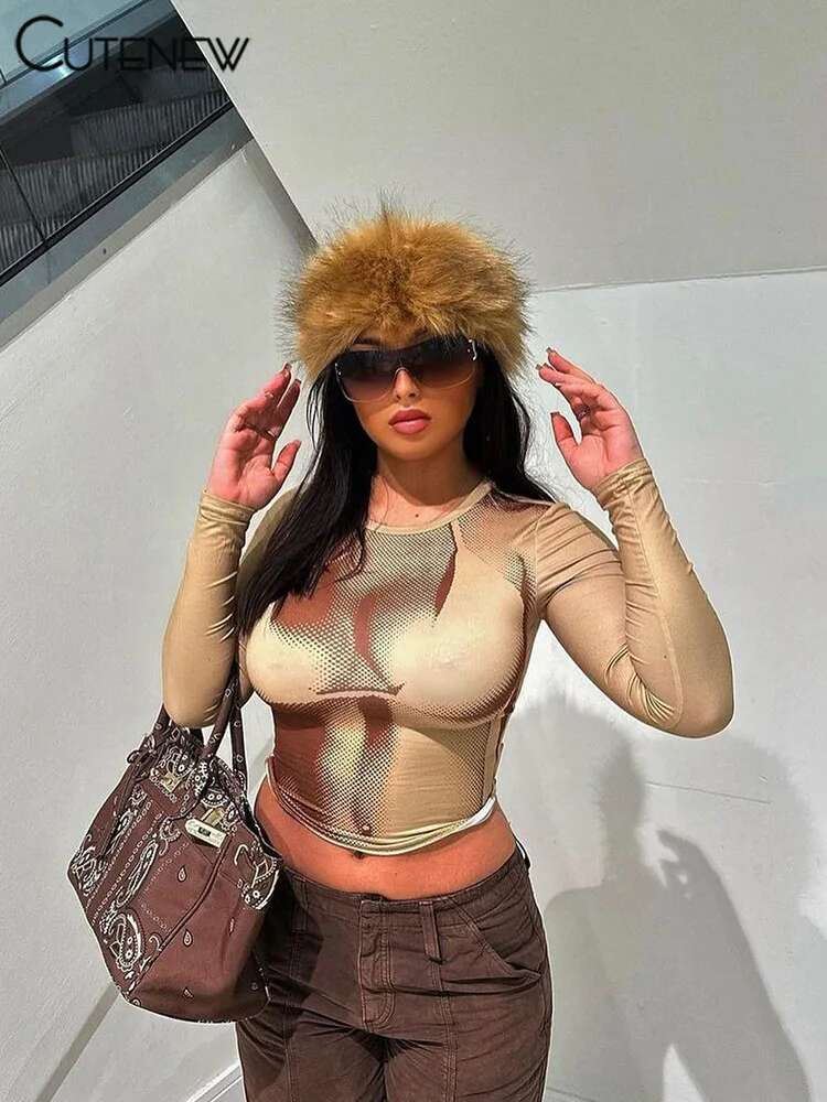 Cutenew Women's Body Printed Tops Long Sleeve Slim Round Neck Shirt Casual 2023 Spring New Lady Female Fashion High Streetwear