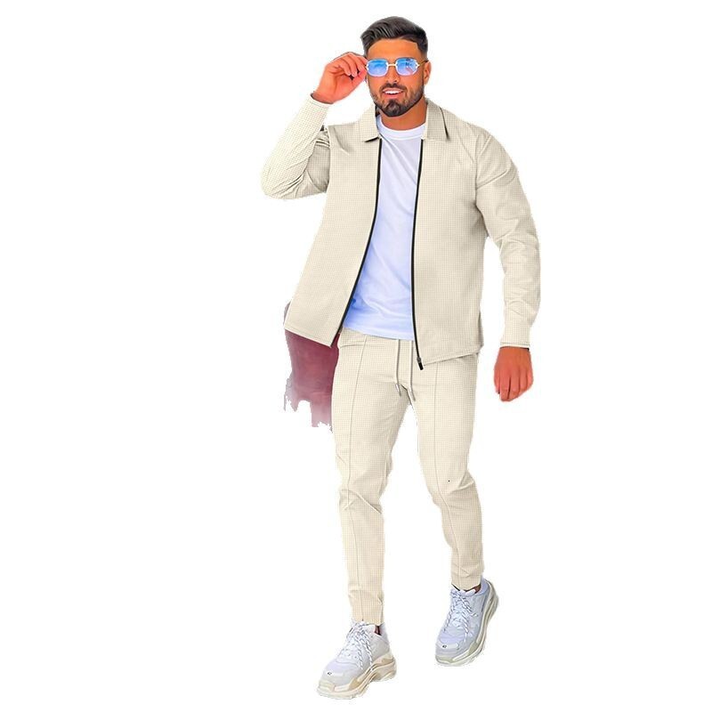 2025 Spring and Autumn Men's New Waffle Long Sleeve Set, Flip Collar Zipper cardigan, Casual Two Piece Set