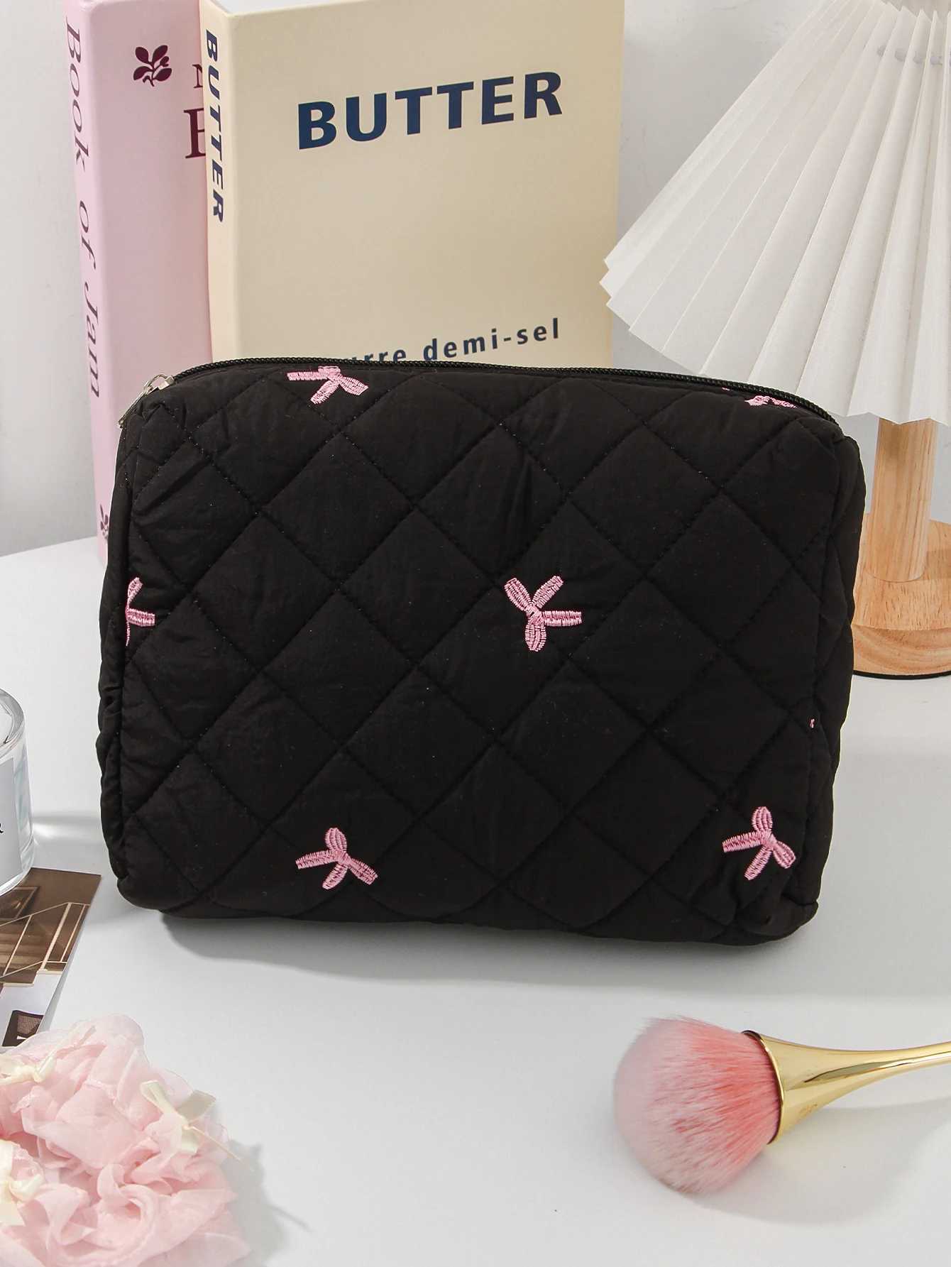 1 piece/set womens bow embroidery and quilted makeup bag set cute Macar colored large capacity makeup bag makeup bagXJ250415