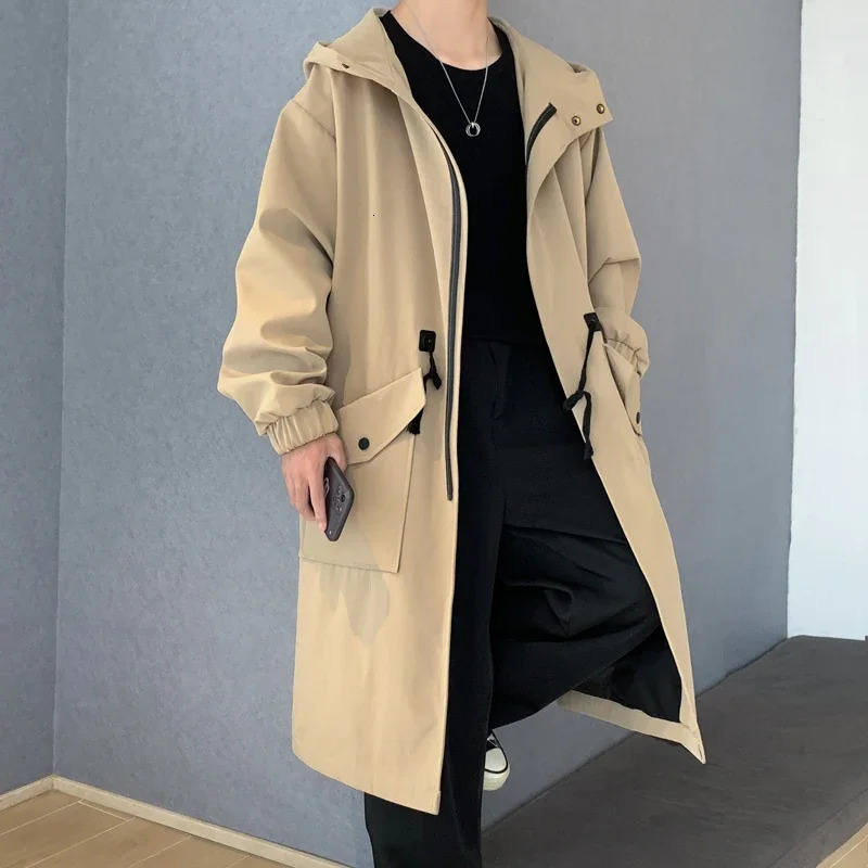 Autumn windproof jacket mens mid length pocket jacket Hong Kong style fashionable and handsome hooded jacket trench coat 250415