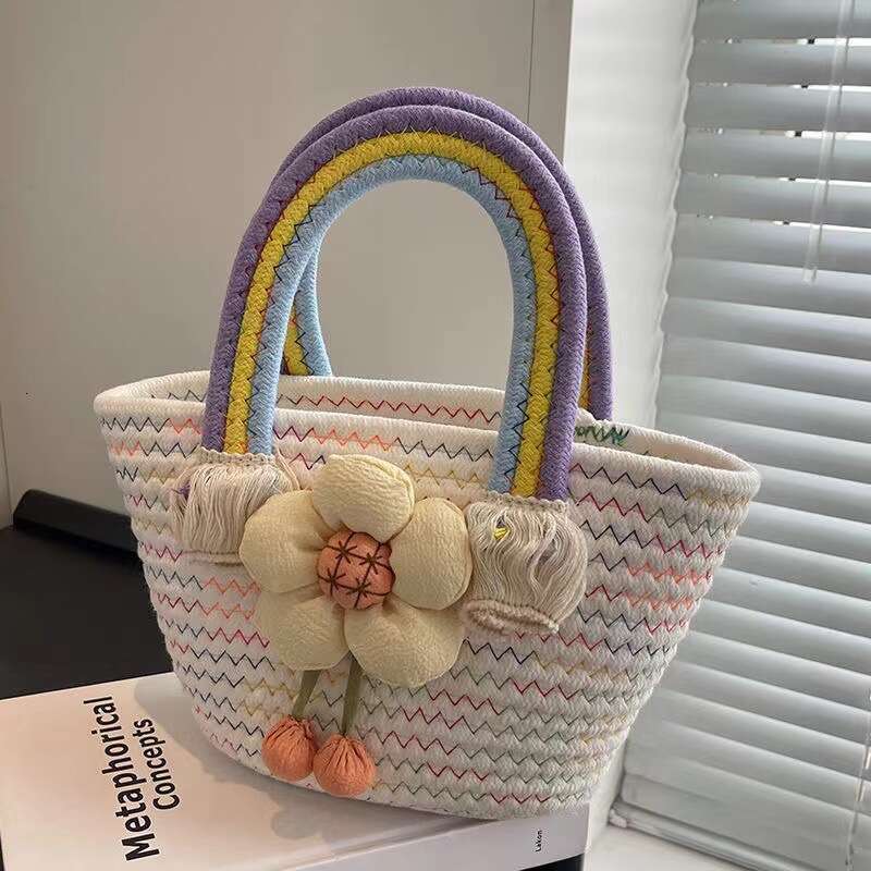 Handmade Beach Bag Sunflower Cloud Handheld Trendy Rainbow Cotton Rope Bag, Casual And Western-Style Woven Bag Kq2