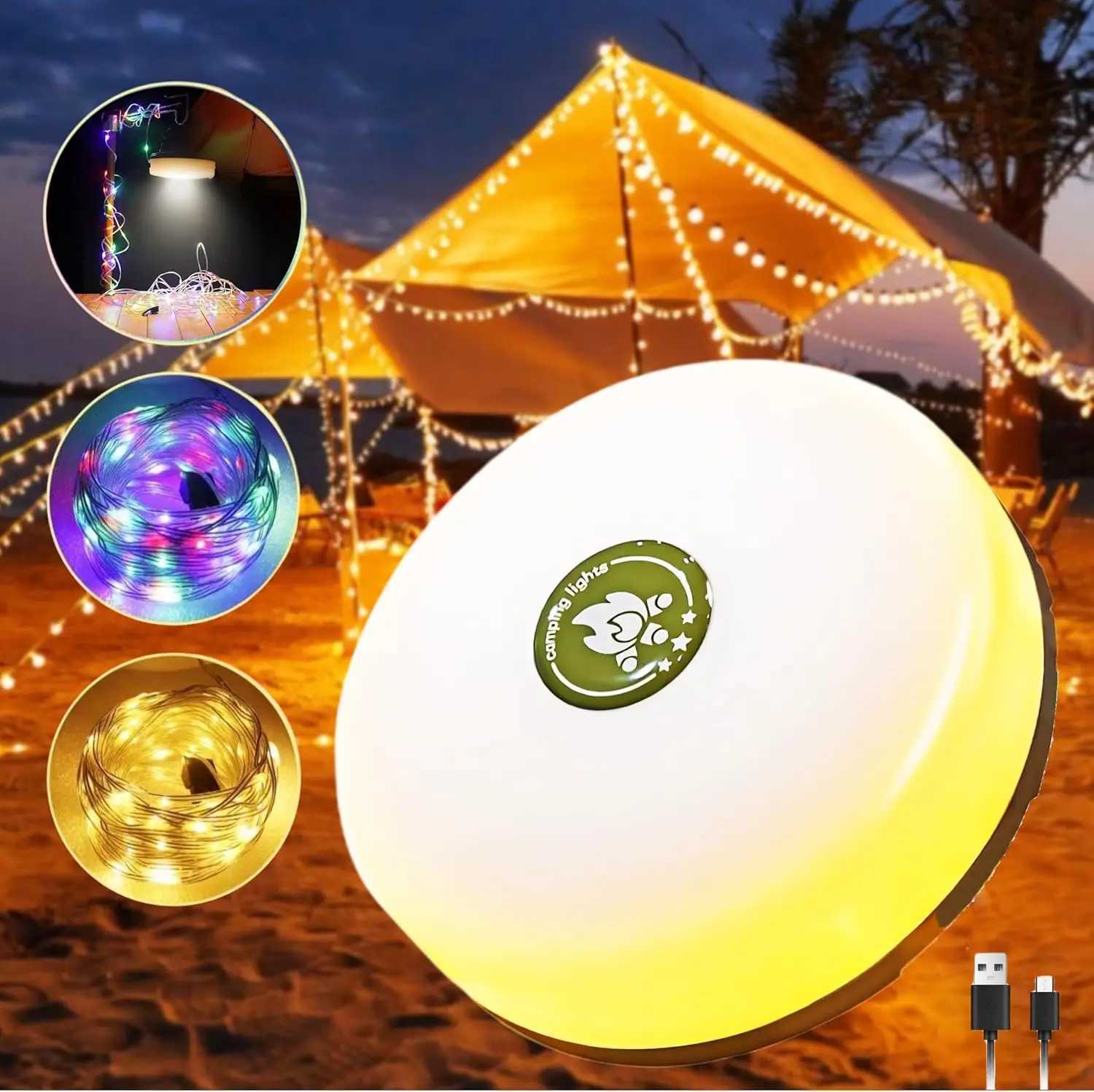 Rechargeable 328FT Camping String Lights - 2 in 1 Quick Storage Tent Lights with 5 Lighting Modes - Hanging Portable LED Lamp f M251115