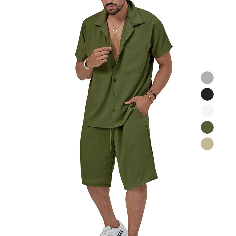 2025 Summer Men's Short sleeved Shorts Set Solid Color Collar Shirt Large Casual Two Piece