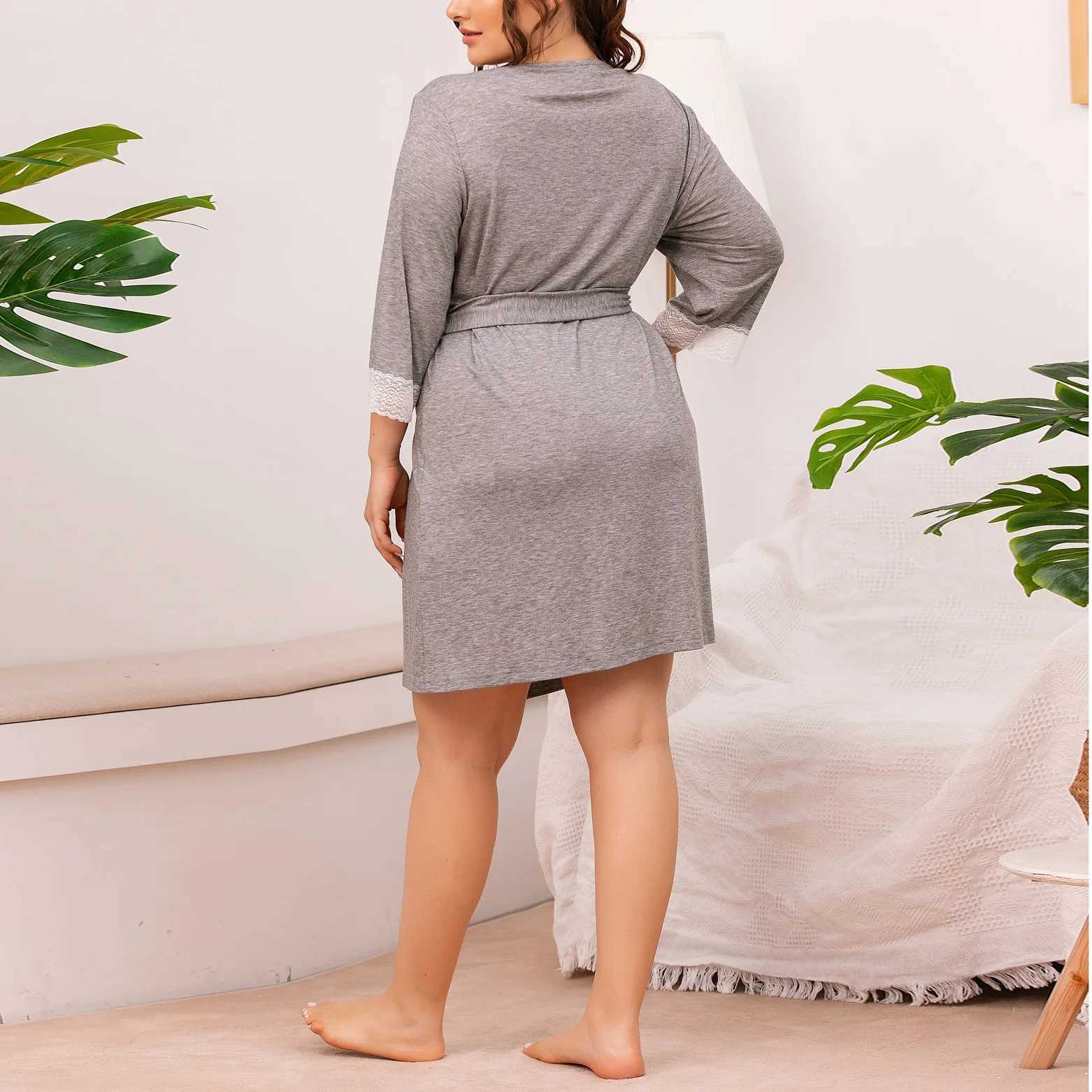 Lace Edge Long Sleeved Robe Womens Intimate Lingerie Bathrobe Large Size Kimono Loose Casual Home Wear Solid Color Nightwear C251115