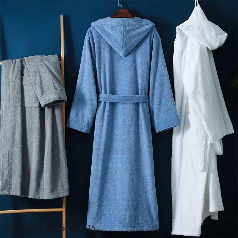 100 Cotton Sleepwear Autumn Winter Thicken Terry Towel Couple Bathrobe Kimono Gown Long Hooded Robe Loungewear Loose Home Dress C251115