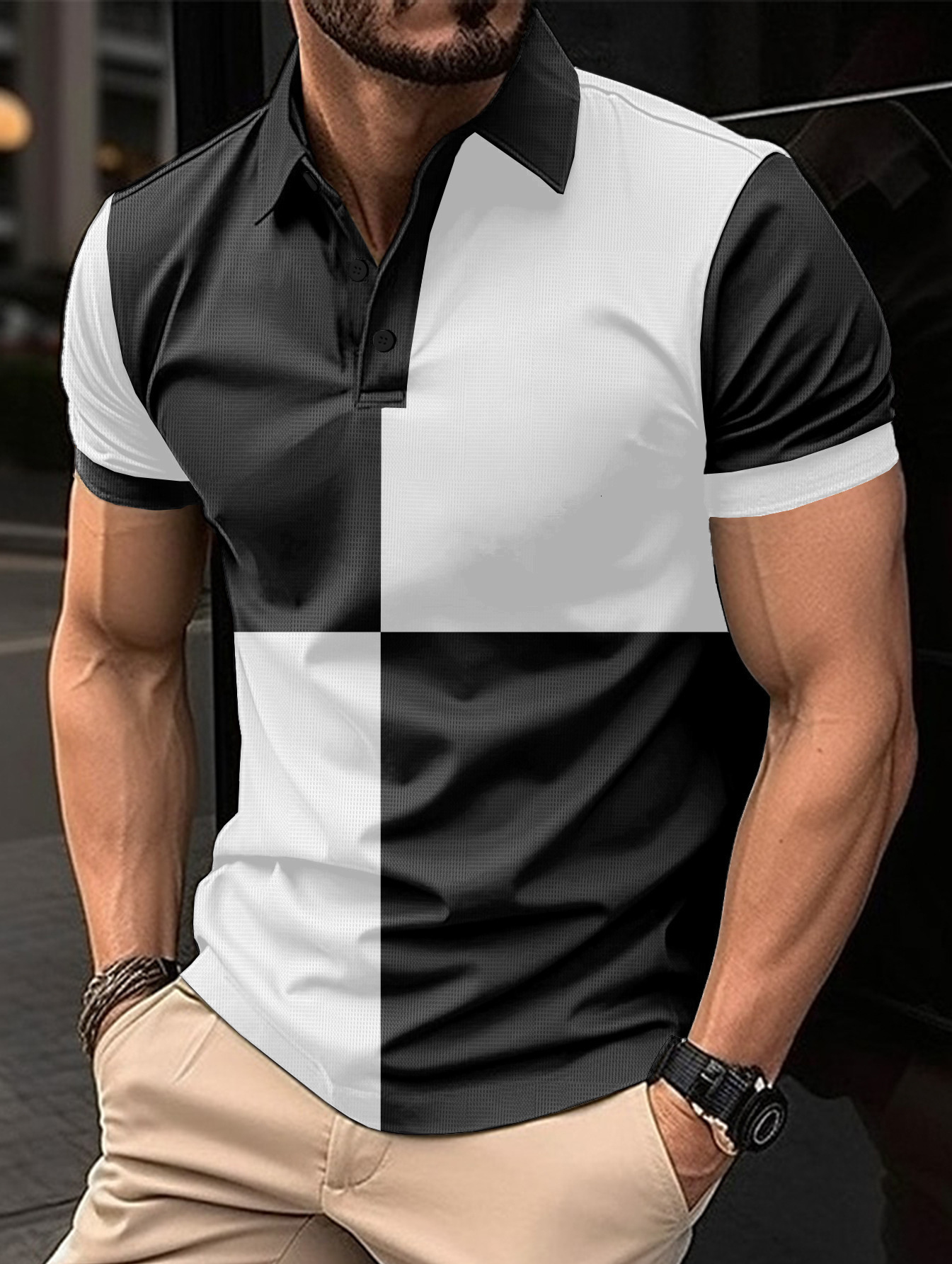 Ins new mens casual sports polo shirt short sleeved color blocked lapel mens top