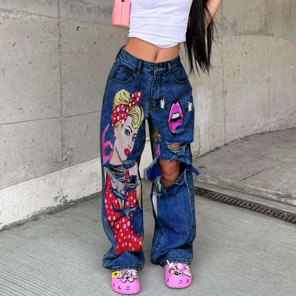 Vintage Washing High-Waisted Wide-Leg Jeans Women's Fashionable 2023 New Printed Hollow Straight-Leg Trousers