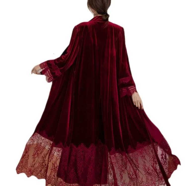 Sexy Lace Bride Wedding Robe Nightdress Set Burgundy Velvet Long Kimono Bathrobe Gown Autumn Winter Velour Homewear Lingerie C251115
