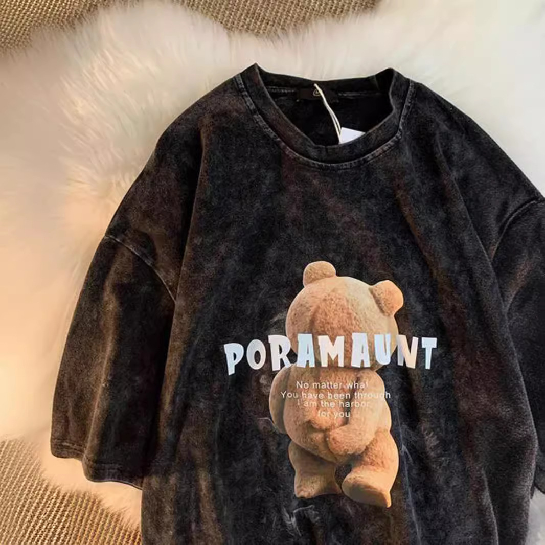 2025 Designer Women's Washed Off Shoulder T-shirt Short Teddy Bear Printed Short Sleeve T-shirt Fashion Brand Summer Loose Couple Half Sleeve Top