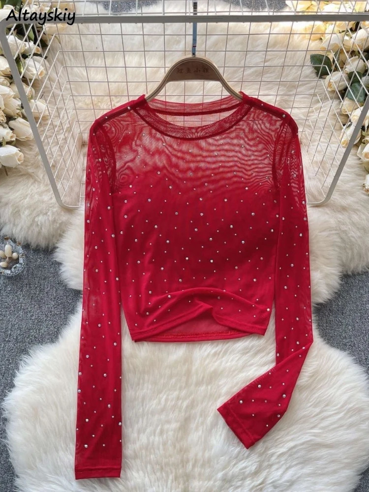 6 Colors T-shirts Women Cropped Sequins Slim Sheer Solid Spring Summer sexy Style Comfortable O-neck Clubwear European Style 250415