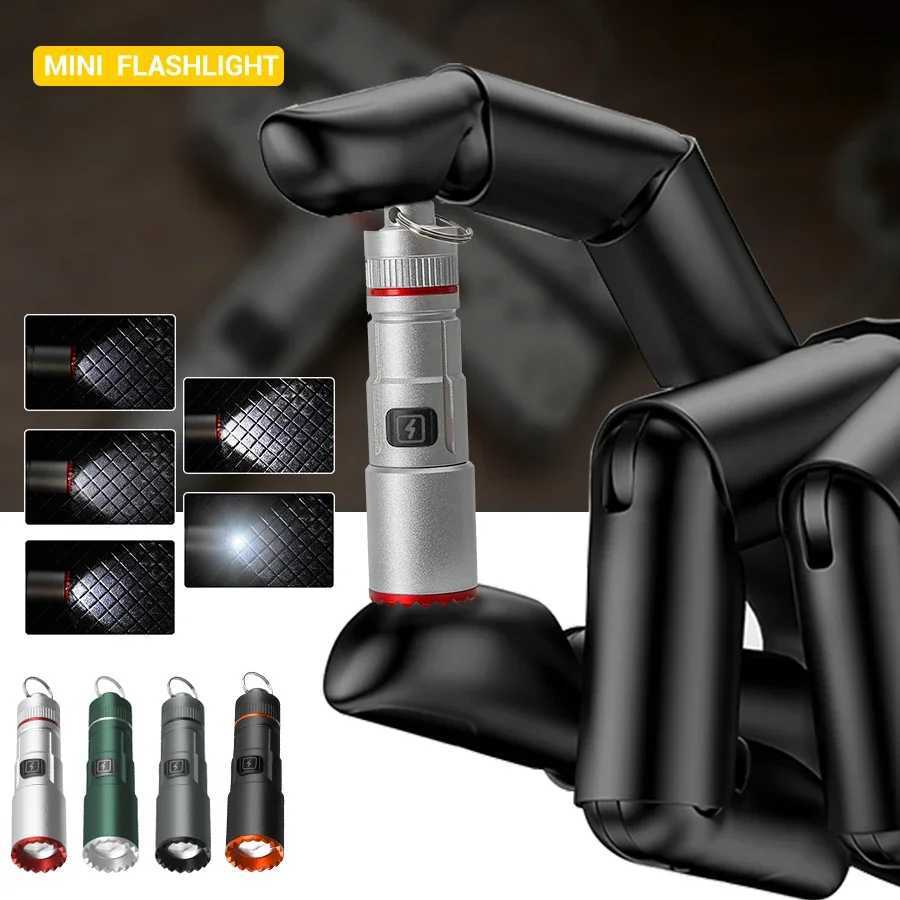 1-2PCS EDC Mini Keychain Flashlight With Neck Chain USB Rechargeable Torch Portable Waterproof Light for Camping Hiking Kid Gift M251115