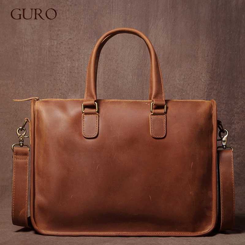 GURO Vintage Genuine Leather Handbag Mens Executive Briefcase Crazy Horse Cowhide Shoulder Bag Business Laptop Crossbody BagsW251115