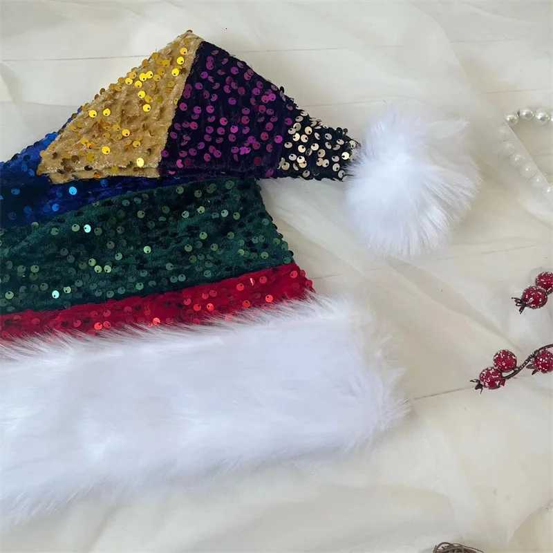 New Christmas Hat Color Full Glitter Plush Double-Layer Hat 3147cm Spliced Decorative Hat Y251115
